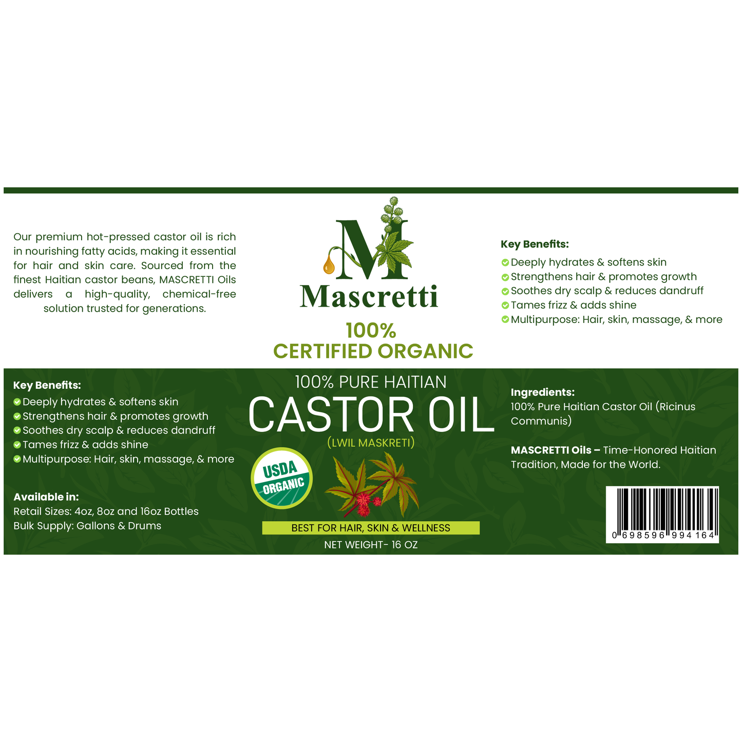 16 oz MASCRETTI Oils® USDA Certified 100% Organic 100% Traditional Haitian Castor Oil (Lwil Maskreti)