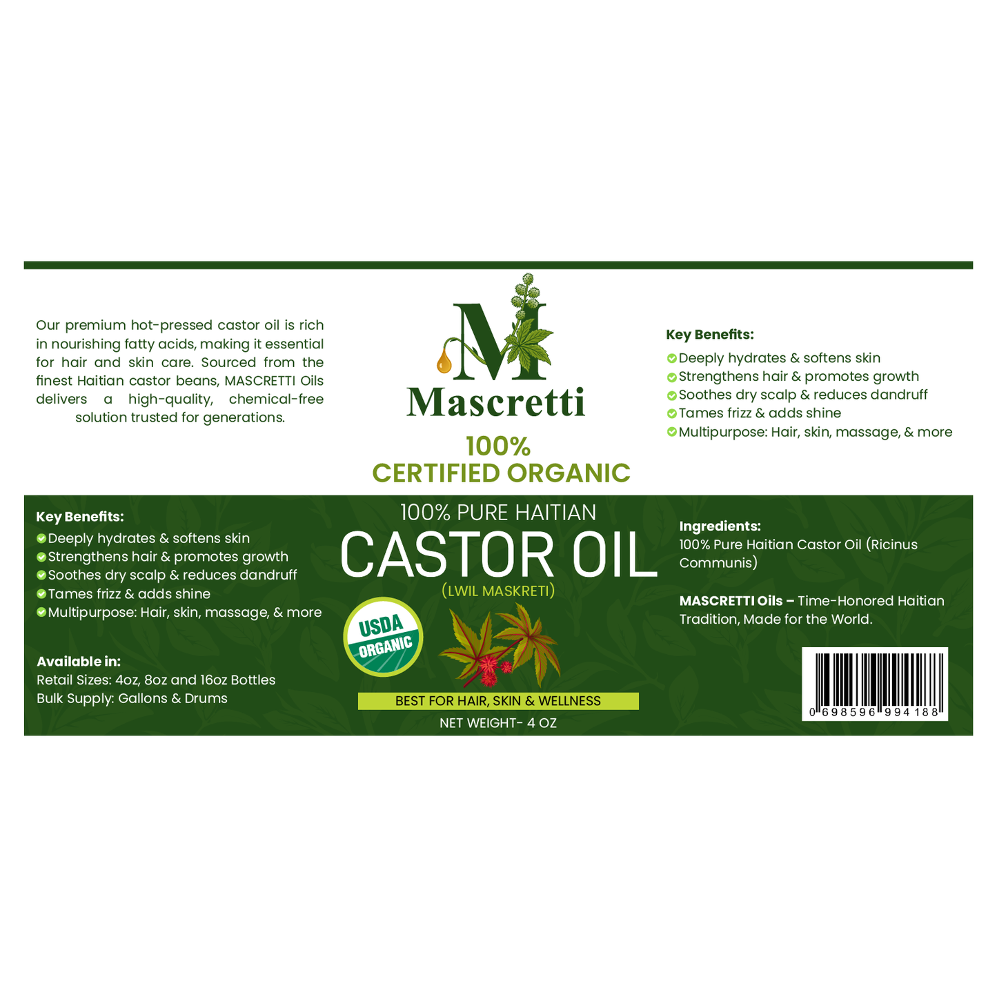 4 oz MASCRETTI Oils® USDA Certified 100% Organic 100% Traditional Haitian Castor Oil (Lwil Maskreti)
