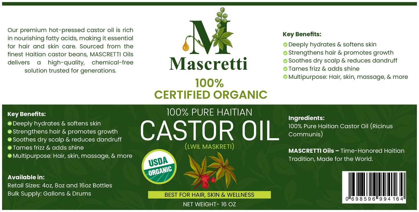8 oz MASCRETTI Oils® USDA Certified 100% Organic 100% Traditional Haitian Castor Oil (Lwil Maskreti)