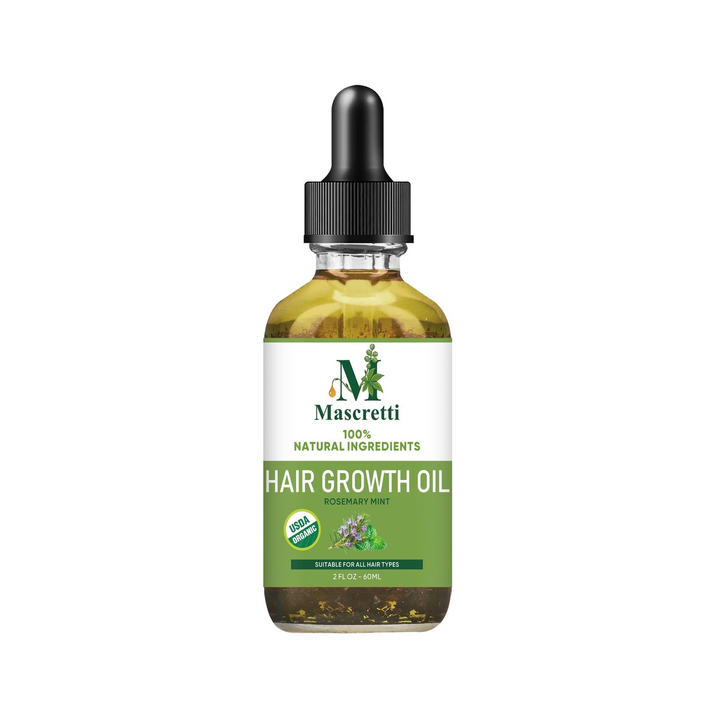 Hair Growth Oil with Natural Rosemary, Coconut, Castor, Jojoba, Peppermint and Ginger Oils, Vitamin-Enriched Serum for Damaged Hair (2oz)