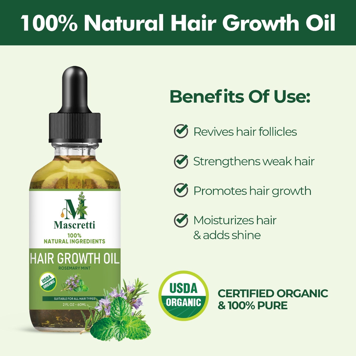 Hair Growth Oil with Natural Rosemary, Coconut, Castor, Jojoba, Peppermint and Ginger Oils, Vitamin-Enriched Serum for Damaged Hair (2oz)