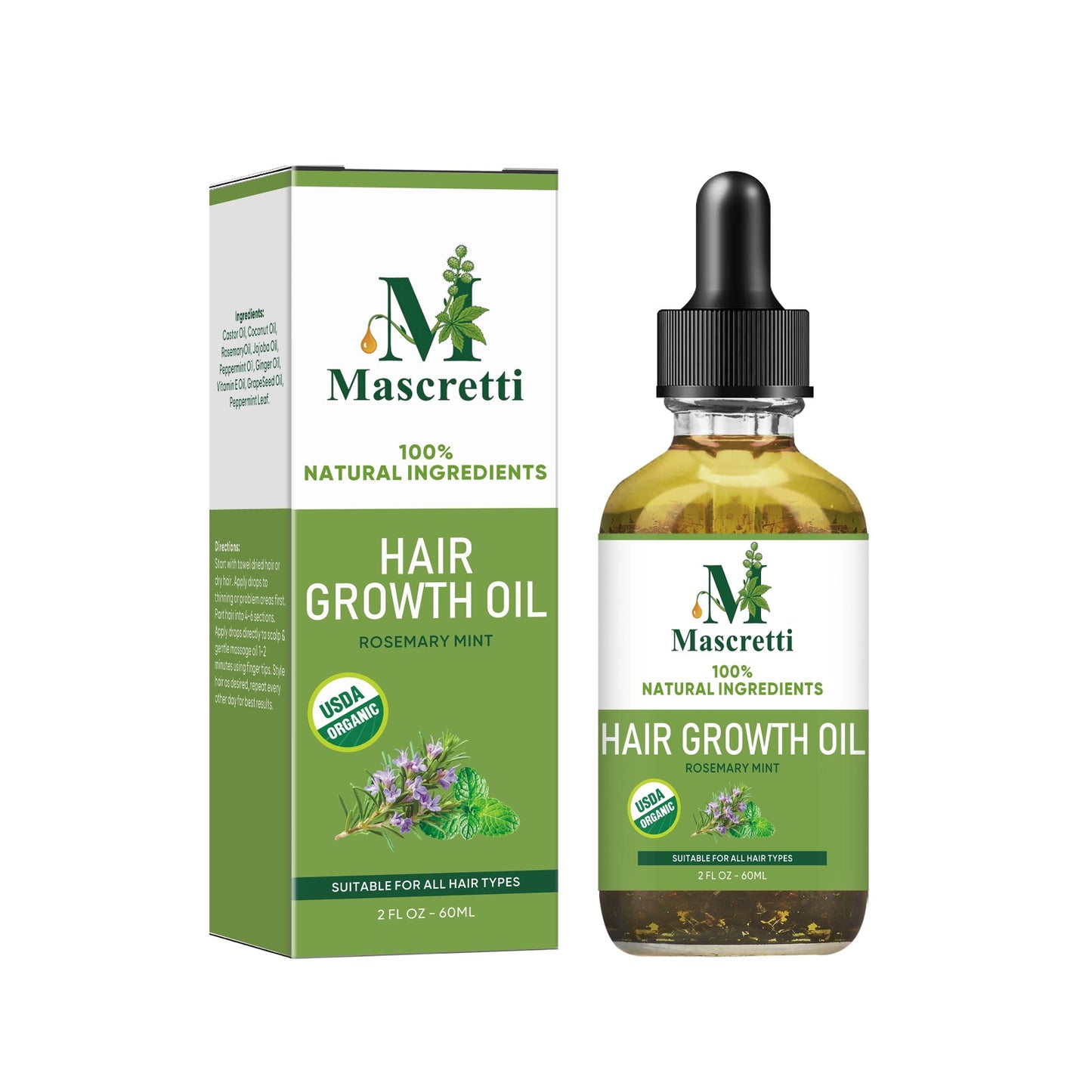 Hair Growth Oil with Natural Rosemary, Coconut, Castor, Jojoba, Peppermint and Ginger Oils, Vitamin-Enriched Serum for Damaged Hair (2oz)